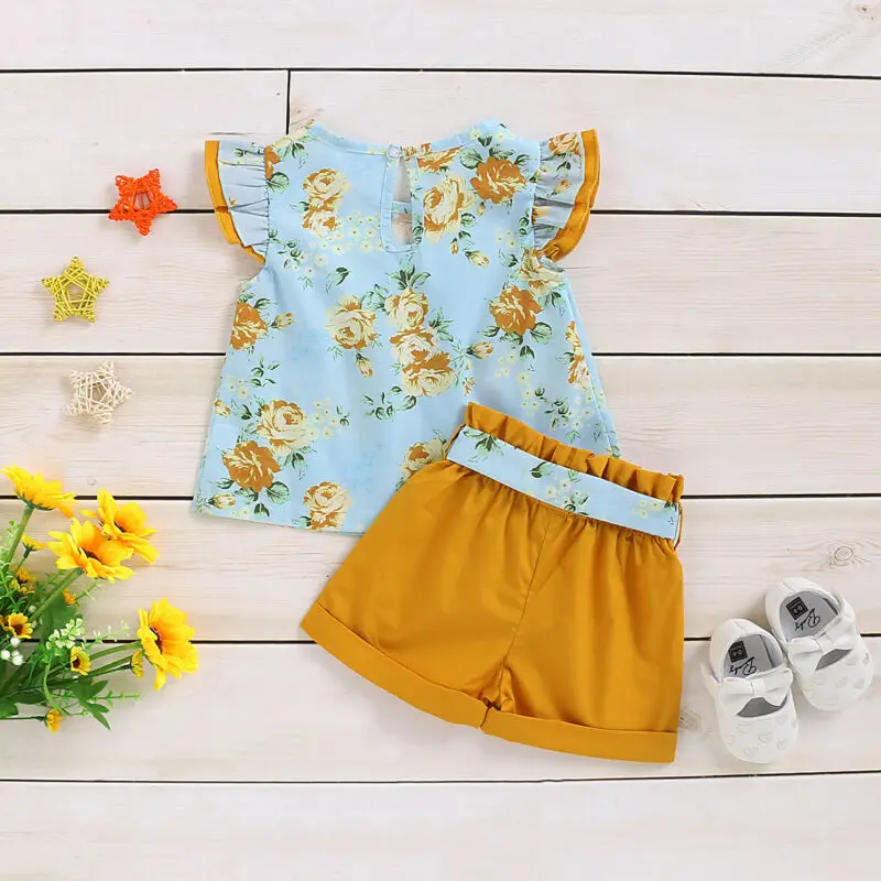 

Summer 1-4Years Toddler Kid Baby Girl Clothes Floral Ruffle Print Top T-shirt Shorts Outfit Summer Set