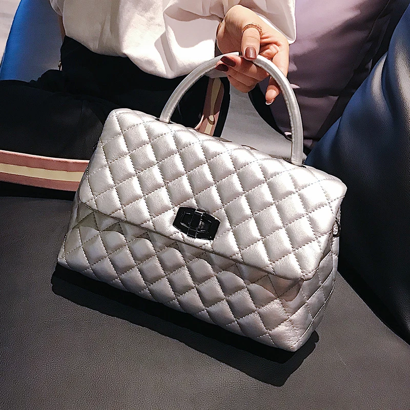 

Women Hand Bags 2020 Luxury Chain Crossbody Bag Lattice Designer Shoulder Handbag Silver Champange Leather Top Handle Bags White