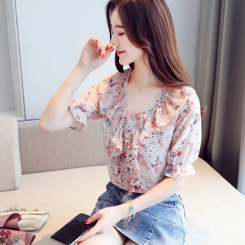 Блузка Для женщин Blusas Mujer De Moda 2020 Блузы с v-образным вырезом платья рюшами принтом