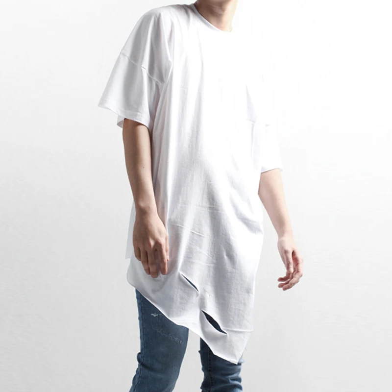 

Trendy men's undershirt shirt Korean summer irregular holes loose wild round neck short-sleeved T-shirt long section half-sleeve