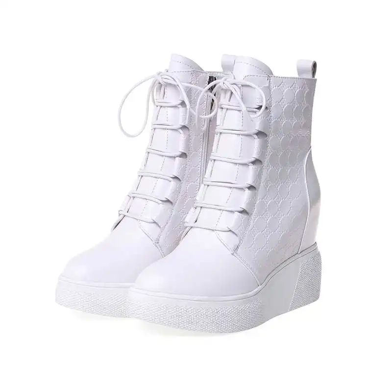 

Lenkisen new campus cow leather print height lncreasing side zipper lace up high heels solid winter warm women ankle boots L08