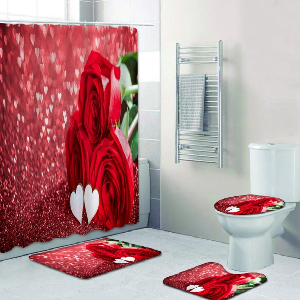 

Rose Flower Shower Curtain Set Bath Mats Rugs For Bathroom Decoration Waterproof Bathtub Curtains Toilet Lid Cover Household