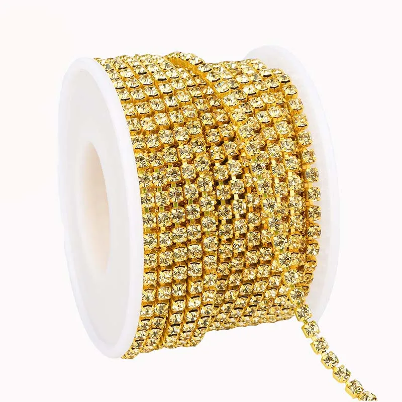 

10 Yard/Roller Light Yellow Colorful Rhinestone Chains Dense Fancy Chain Apparel Sewing Glass Stone Cup Chain With Colorful Base