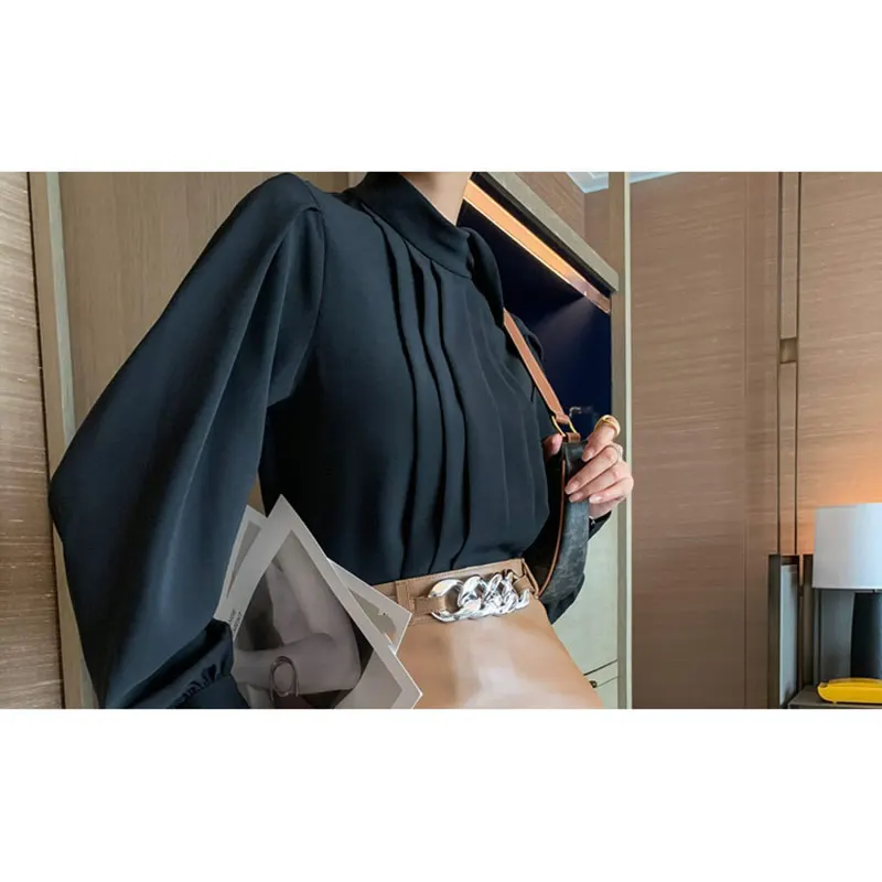

XITAO Vintage Casual Blouse Women Patchwork Wrinkles Tide Fashion New Style Stand Collar Long Puff Sleeve Elegant Button ZY3732