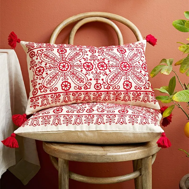 

Вышитые прямоугольные Декоративные Чехлы на подушку, чехлы для дивана, дивана, кровати, 12x20 дюймов, бумажный режущий дизайн, красный