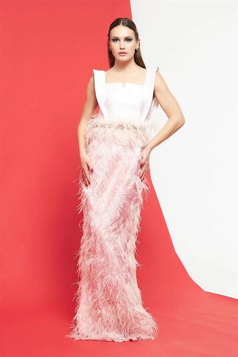 

Feather Beads Prom Dresses Backless Split Strap Sleeveless Evening Dress Custom Made Floor Length Party Gown