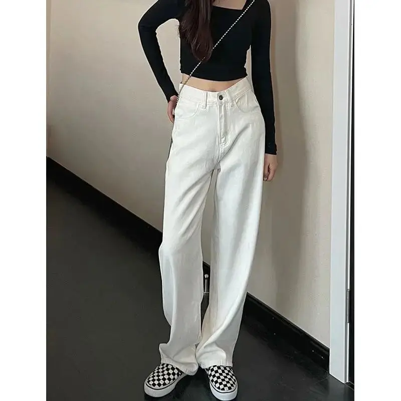 

Autumn Women High Waist Wide Leg Jeant2021 Fashion Solid Color Loose Harajuku Straight Trousers Street Apparel Mom Washed Pants