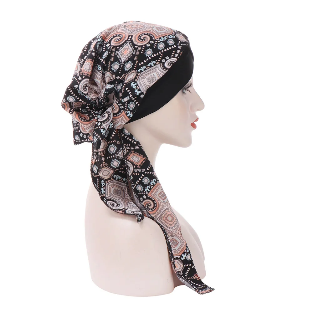 

Muslim Women Printed Hijabs Hats Turban Head Head Scarf Chemo Cancer Cap Hair Loss Hat Long Tail Bow Bonnet Wide Band Wrap Cap