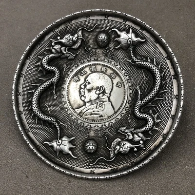 Античный рельефный двойной дракон играющий с жемчугом украшение из белой меди и