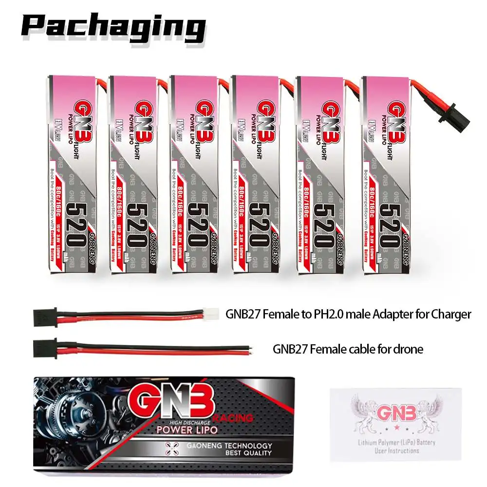 

1/4/6 шт Gaoneng GNB 3,8 V 520mAh 80C 1S HV LiPo батарея для FPV гоночный Дрон RC Квадрокоптер GNB27 вилка аксессуары запасные части