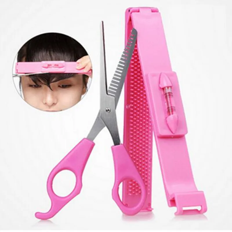 2 шт./лот Профессиональные Розовые DIY Инструменты Для женщин артефакт установить волос Резка ножницами с правитель волос Резка отсечения Синтетические чёлки волос парикмахерские