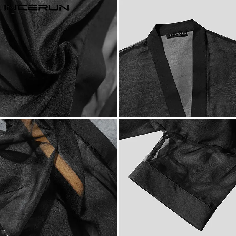 

INCERUN Men Mesh Trench Solid Color Short Sleeve Open Stitch Coats Man Loose See Through Outwear Fashion Sexy Jackets Streetwear