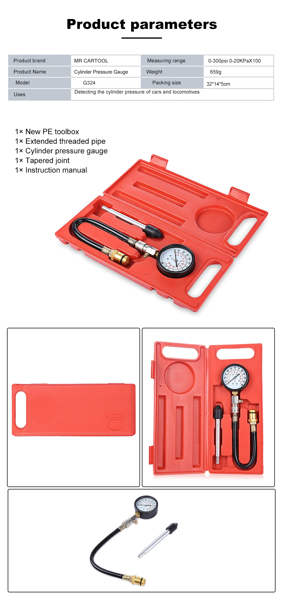 MR CARTOOL G324 0-300PSI компрессионный двигатель цилиндр тестер бензиновый Манометр тестер комплект Автомобильный диагностический инструмент