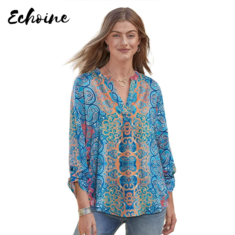 Синий марокканский Бриз туника с длинным рукавом Блузка Топ для женщин V шеи
