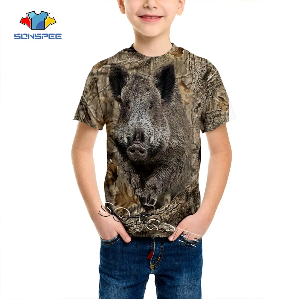 SONSPEE Summer Casual Child t shirt Camo Hunting 3D Animal Wild boar Boys T-shirt Fashion Streetwear Kids Funny Short sleeve Tee