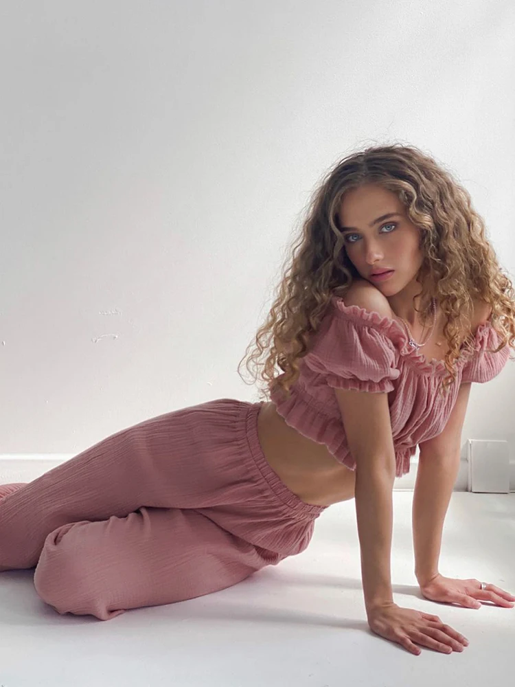 Women's Pajamas Solid Color Trouser Suits Sexy Slash Neck Autumn Suit For Women Sleepwear Cotton Loungewear Ruffle Womens Pijama