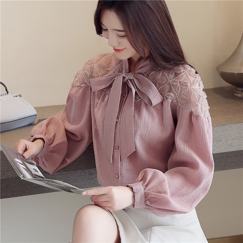 Корейская мода кружева шифон женская блузка Осень Розовый женские рубашки плюс