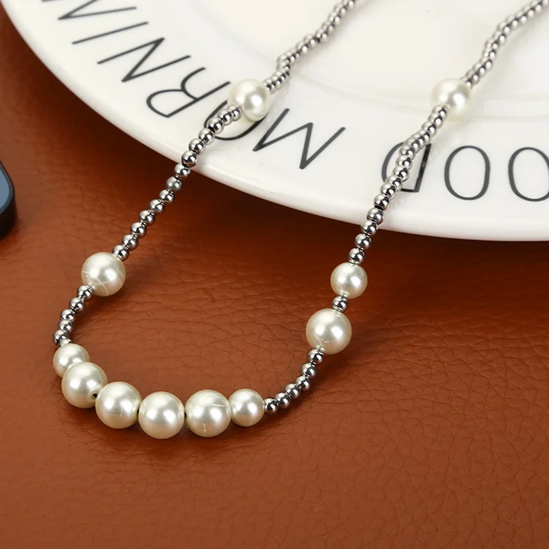 

Fashion Silver Round Bead Fish Line Pearl Necklace Female Unisex Temperament Simple Short Popular Item Accessories