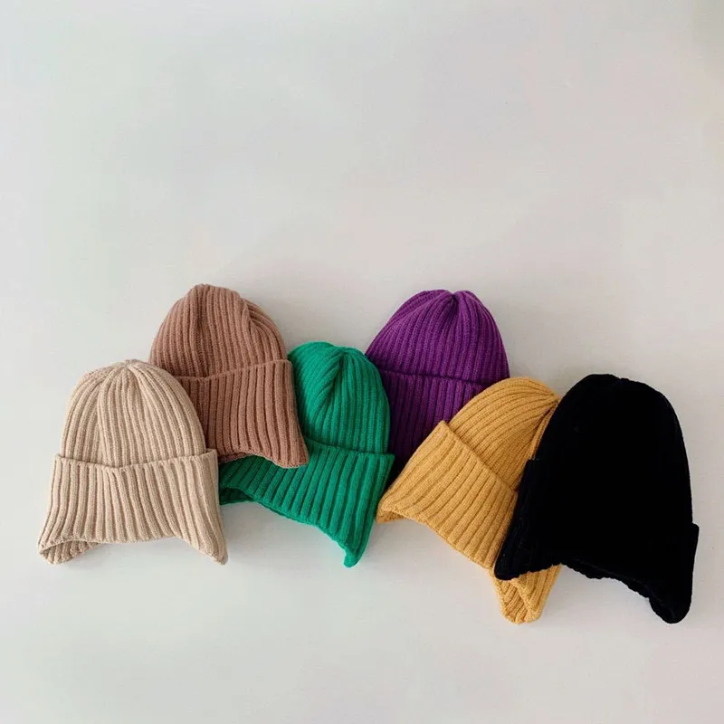 

Лидер продаж 2021, детская плотная зимняя теплая вязаная шапка с полосками для мальчиков и девочек, однотонные шапки для защиты ушей 52-54 см, 2-6 ...