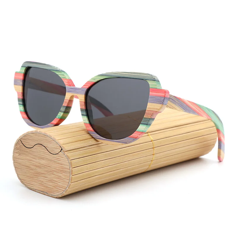 gray - bamboo box Высококачественные модные женские поляризованные солнцезащитные очки с кошачьими глазами для женщин цветные деревянные солнцезащитные очки ручной работы с деревянной коробкой для очков - Цвет линз: gray - bamboo box