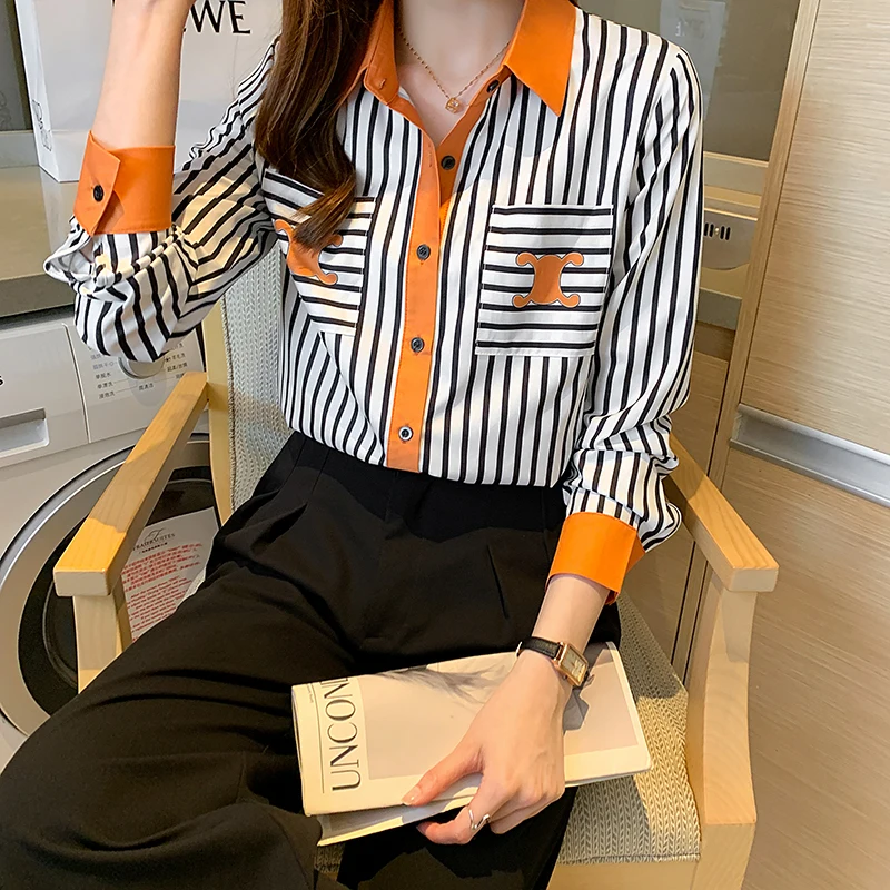 

Chikichi 2021 Spring and Autumn New Style Korean Fashion Chiffon Striped Print Loose Long-sleeved Button Bottoming Shirt Women