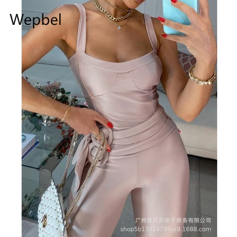 

Wepbel Apricot Strap Tight Jumpsuit Sexy Skinny Clubwear Pencil Pants Jumpsuits Sleeveless Solid Color Low Cut Slim Fit Jumpsuit