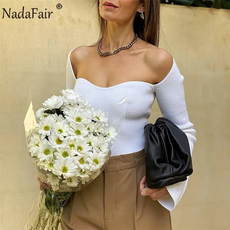 Белые женские свитера Nadafair Осенний Модный облегающий вязаный свитер с
