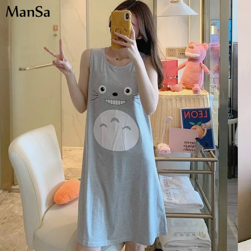 

Summer Women Nightwear cute Cartoon Printed Sleeveless sleepdress Homewear Casual Thin Girl Students Sleepwear Ladies Nightgowns