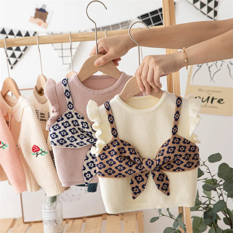 

Детский свитер, жилет для девочек, вязаный шерстяной жилет на лямках с большим бантом, детские топы, одежда