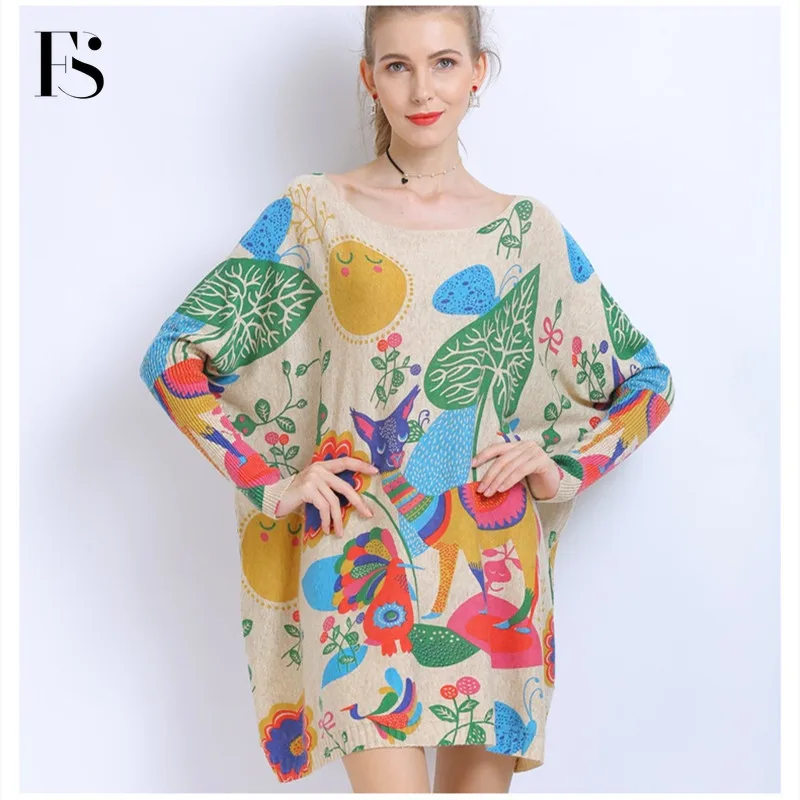 

2020 New Arrival Autumn Cartoon Batwing Loose Women Sweater One Size Sexy Off Shoulder Pullovers Long Sleeve Casual Knitwear
