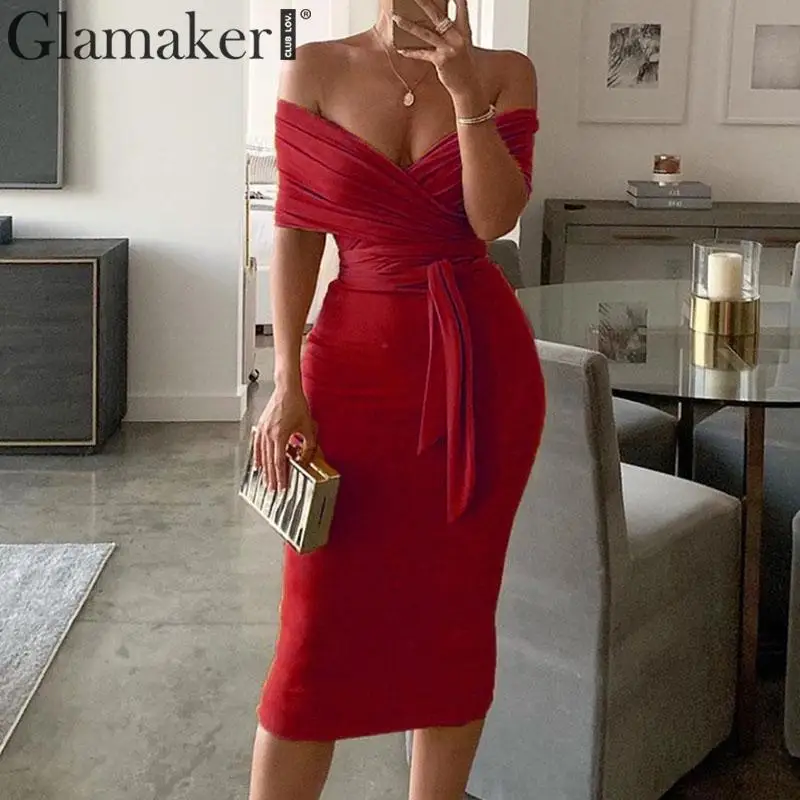 Glamaker, трикотажное сексуальное облегающее платье миди с открытыми плечами, женское элегантное платье с открытой спиной, осенне-зимнее женское длинное вечернее платье с бантом