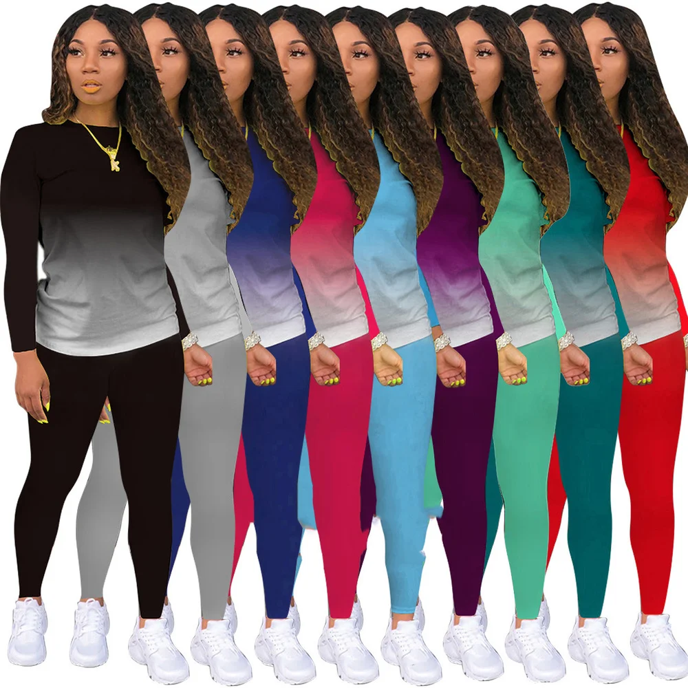 

Женский Повседневный комплект из двух предметов, футболка с круглым вырезом и длинным рукавом и леггинсы-бандаж градиентного цвета, весенн...