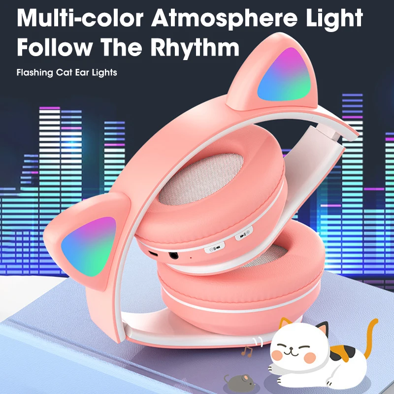 flashing led bluetooth wireless headset cute cat ears headphones with mic tf fm kid girl stereo music earbud phone earphone gift free global shipping