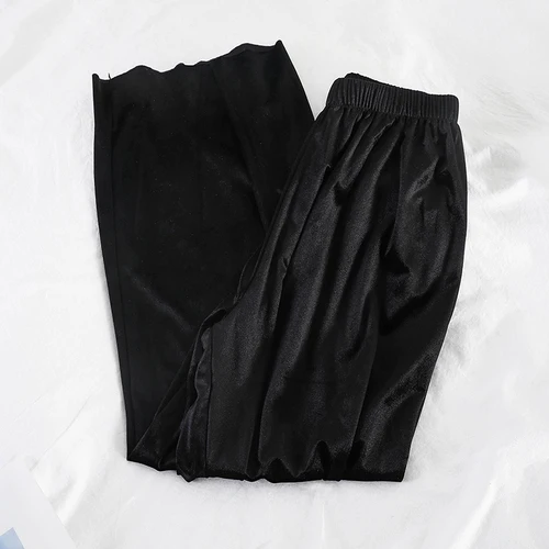 black Neploe Velour Wide Leg Pants Female High Waist Stretch Loose Warm Long Pant Autumn Winter Women Casual Solid Trousers 54358 - Цвет: black