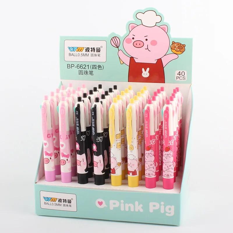 

40 pcs/lot Cartoon Pig 4 Colors Ballpoint Pen Cute Press ball pens School Office writing Supplies Stationery Gift