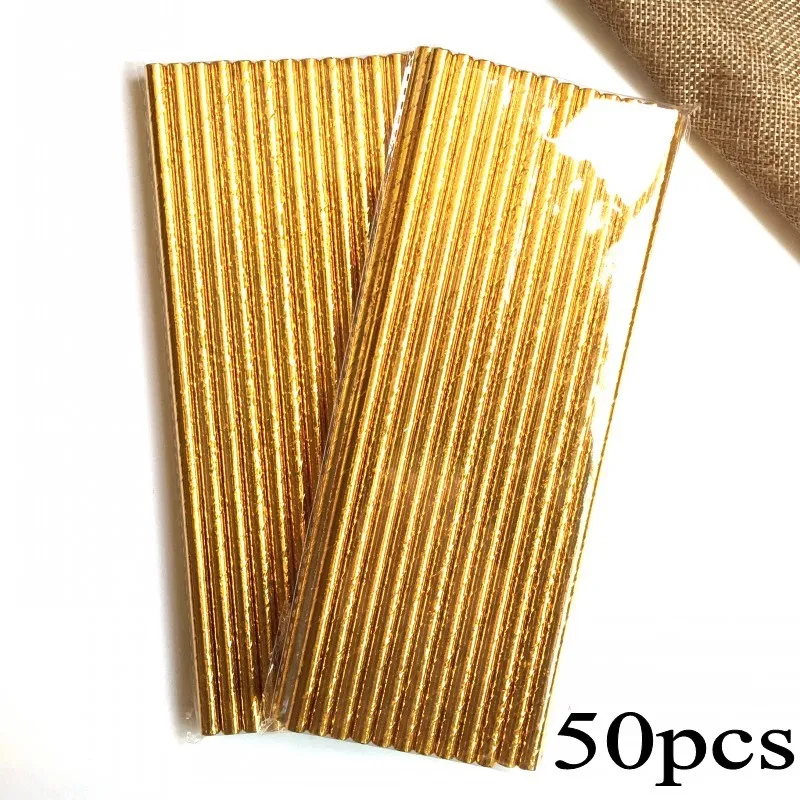 Foil Gold 50 шт./лот фольги в золотую полоску бумажные соломинки для детей с днем рождения свадьбы рождества украшения творческие флаги события вечерние принадлежности - Цвет: Foil Gold