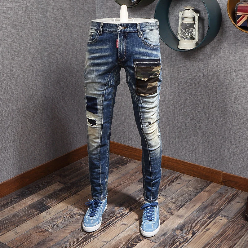 Европейские и американские уличные модные мужские джинсы, синие камуфляжные дизайнерские Узкие рваные джинсы в стиле ретро с карманами, му...