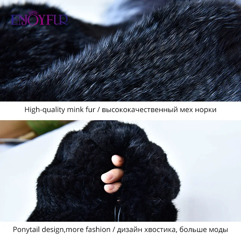 ENJOYFUR шапочка с меховым помпоном для женщин зимние женские Вязаные норковые меховые шапки настоящий помпон из лисьего меха шапка с отверстием для хвоста