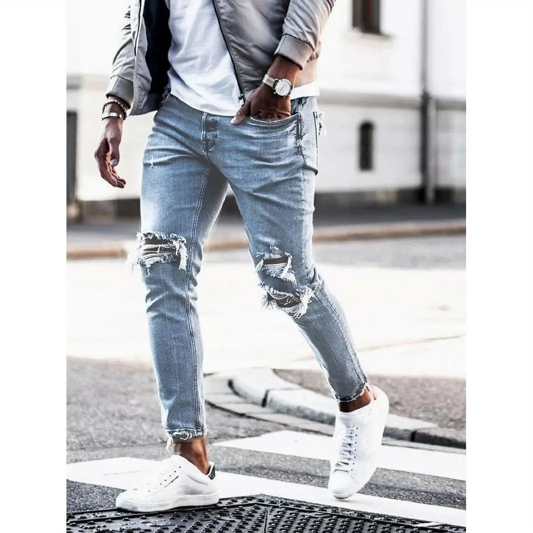 Men's  new style ripped holes Europe America hot style trousers trousers skinny  Men Streetwear Destroyed Ripped ripped jeans