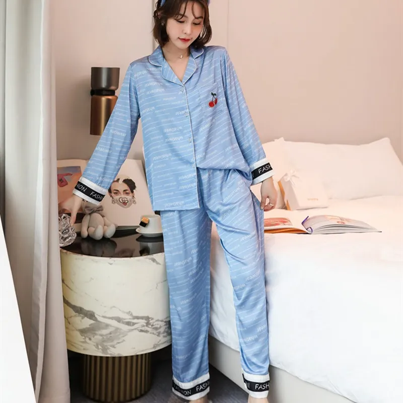 

Spring Autumn Rayon Silk Pajamas Sexy Printed Sleepwear Suit Women Pyjama Set 2Pcs Long Sleeve Shirt Pant Homewear Nightwear