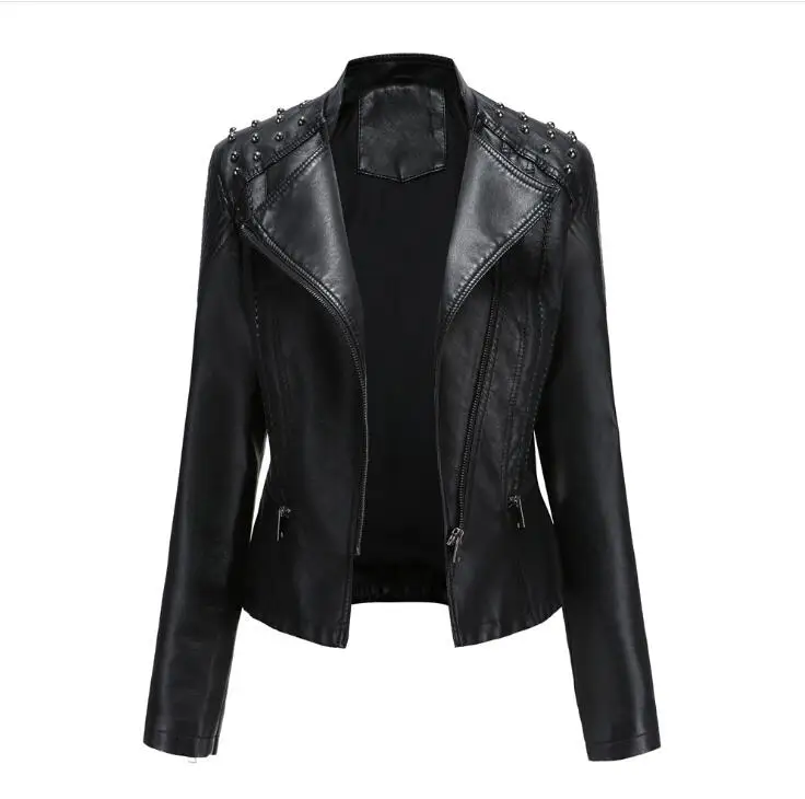Женская байкерская куртка из искусственной кожи черная розовая с заклепками и