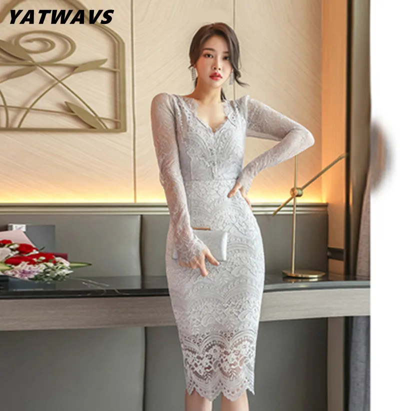 

YATWAVS Fashion V-Neck Sexy Lace Pencil Dress Women Korean Elegant Long Sleeve Slim Office Spring New Sheath Dresses