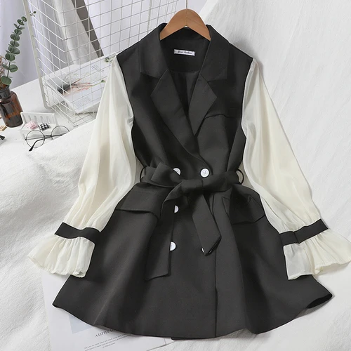 

Neploe Women Dress Autumn 2021 Fashion Patchwork Chiffon Long Sleeve Sashes Temperament Notched Collar Korean Gentleness Dresses