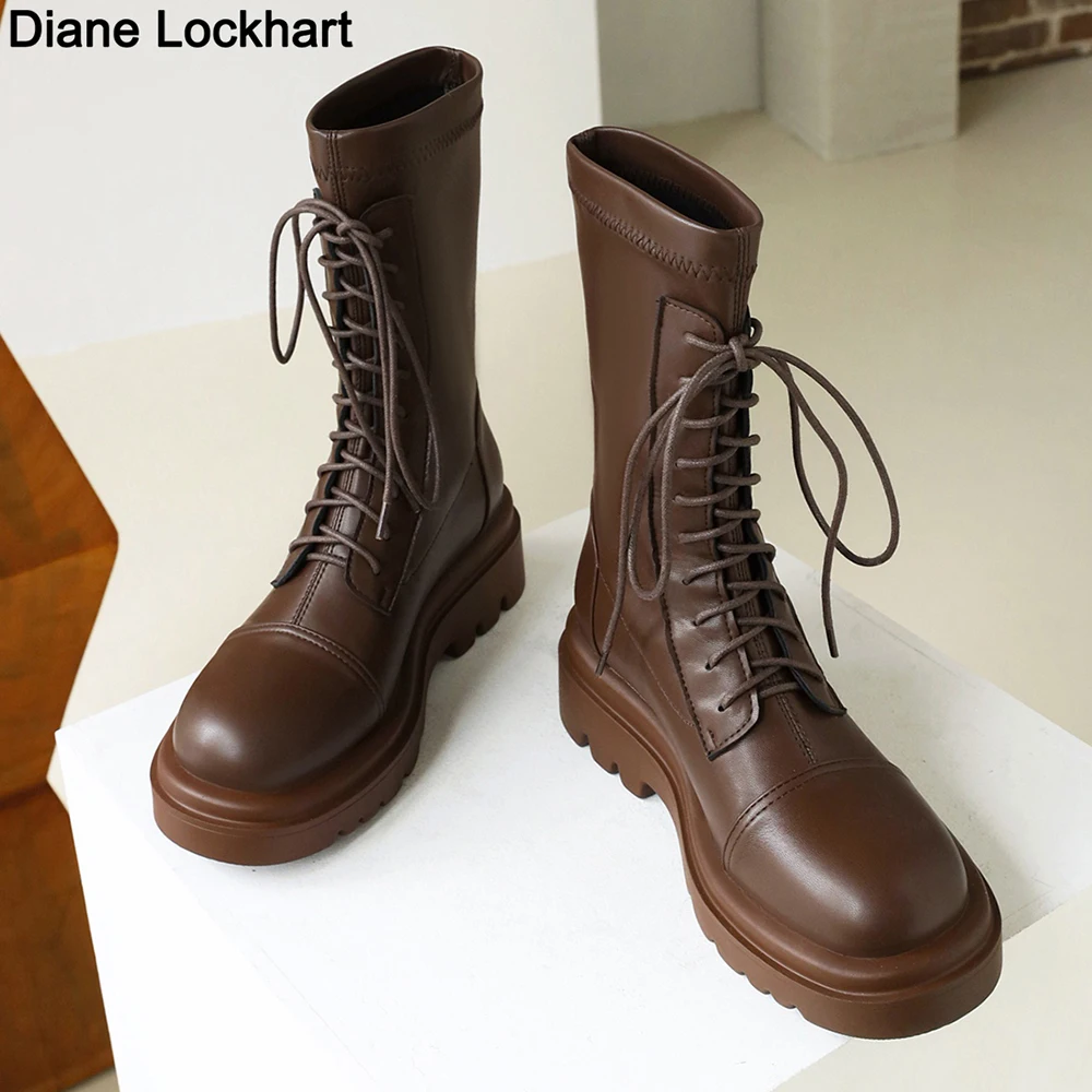 

Classic Fashion Motorcycle Boots Women Platform Flat Casual Shoes Lacing Round Toe Shoes Ladies Autumn Boots Brown Beige Mujer