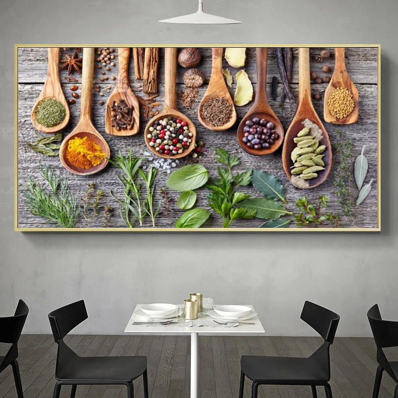 

Kitchen Spices and Greens on The Table Canvas Paintings on The Wall Kitchen Theme Wall Pictures Canvas Art for Room Decorative