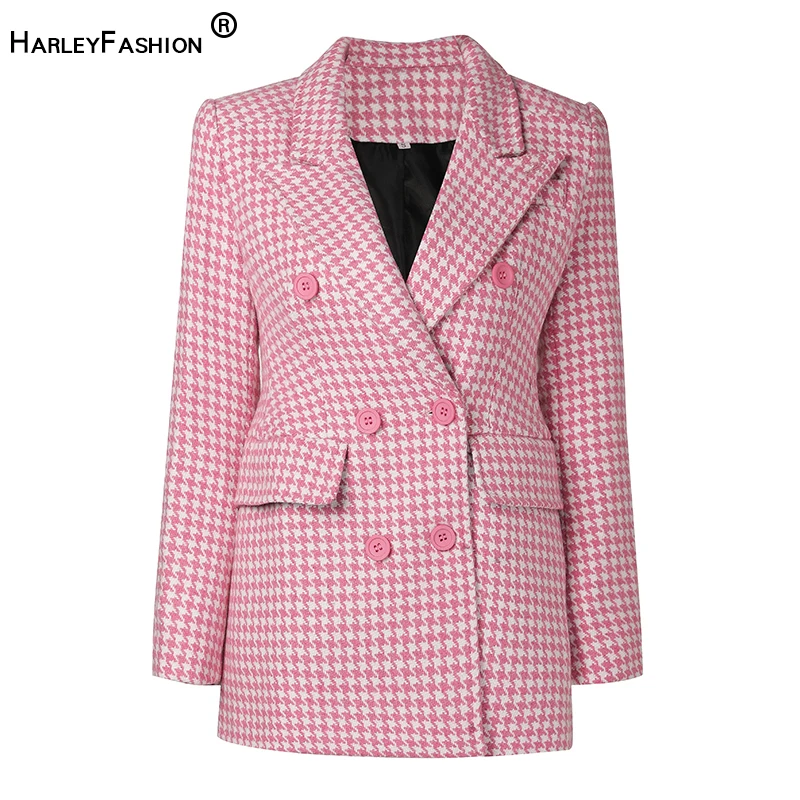 

HarleyFashion 2021 New Winter Trend High Street Women Thick Pink Tweed Jacket Houndstooth Long Blazers