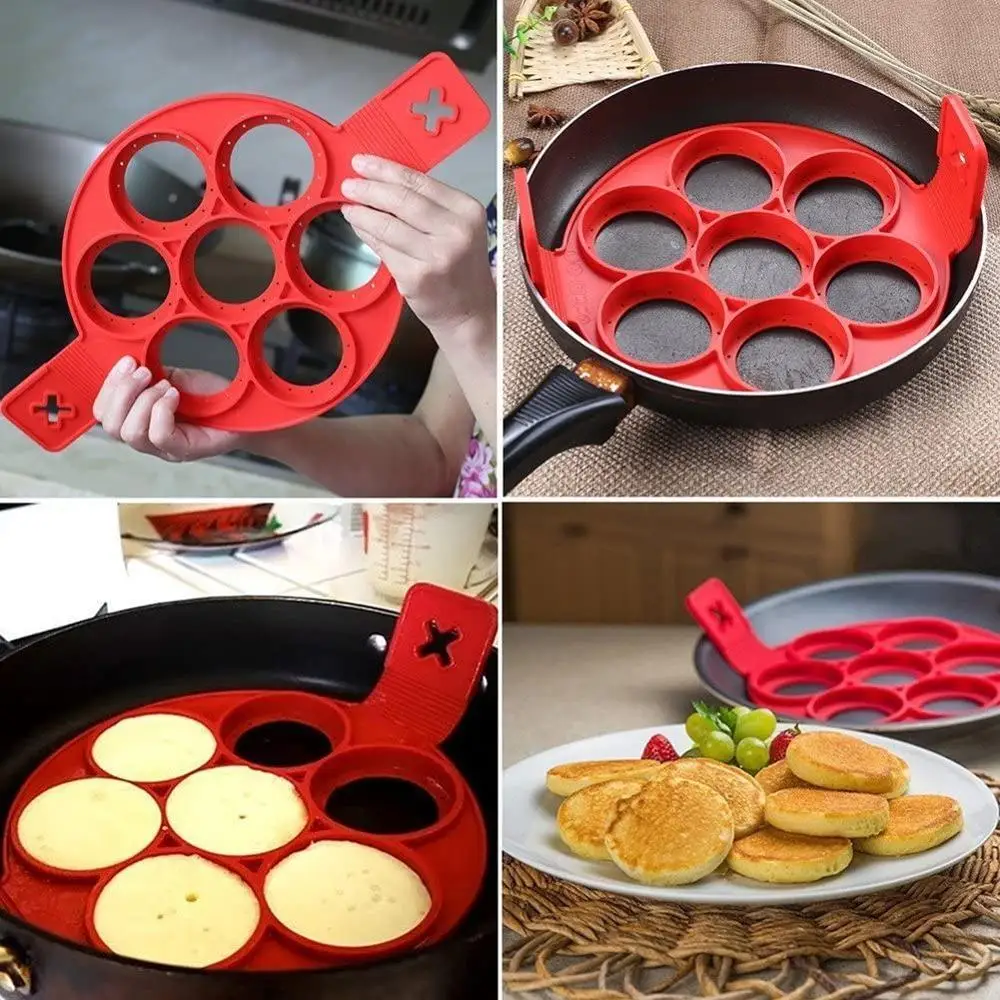 

7 Cavity Pancake Molds Ring Fried Egg Mold Reusable Silicone Non-Stick Pancake Maker Egg Ring and Silicone Brush