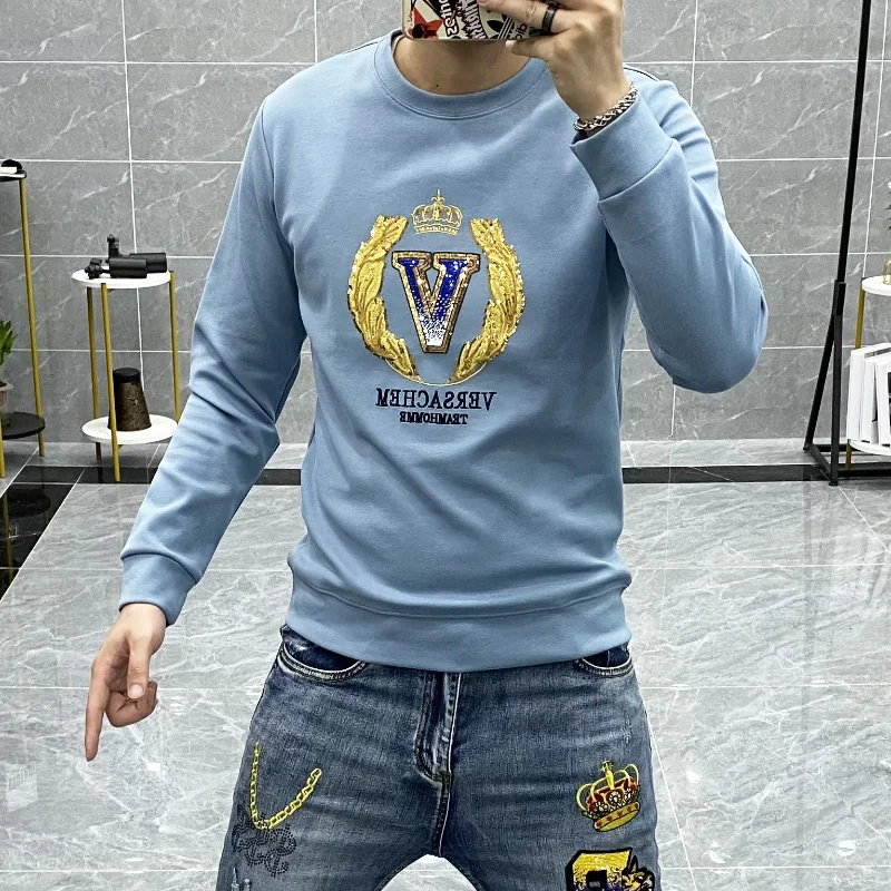 

2021 Spring Autumn New Men Long Sleeve Sweatshirt Men Embroidered Letters Sequins Fashion Brand Streetwear Hoodies Men Clothing
