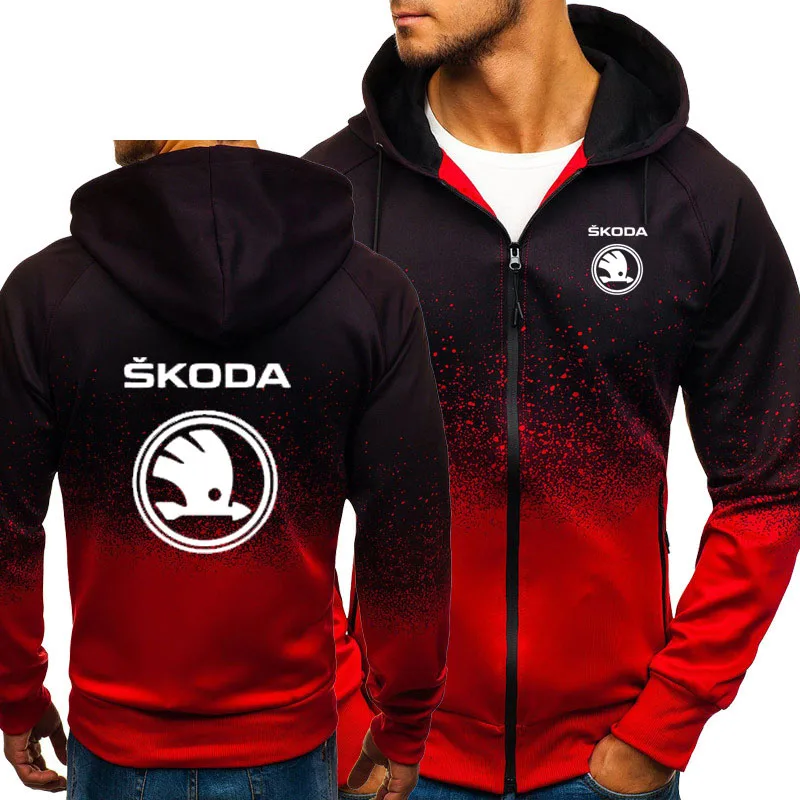 

2021 Men Skoda Car Logo Print Casual HipHop Harajuku Gradient color Hooded Mens Fleece Sweatshirts zipper Jacket Man Clothing