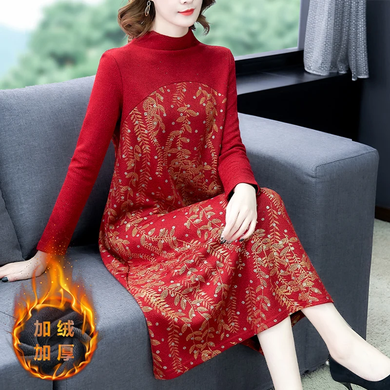 Осенне-зимнее винтажное женское флисовое теплое плотное длинное платье с